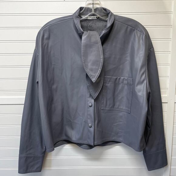 ZARA Faux Leather Button Front Swing Shirt W/Tie at Neck - Picture 1 of 11